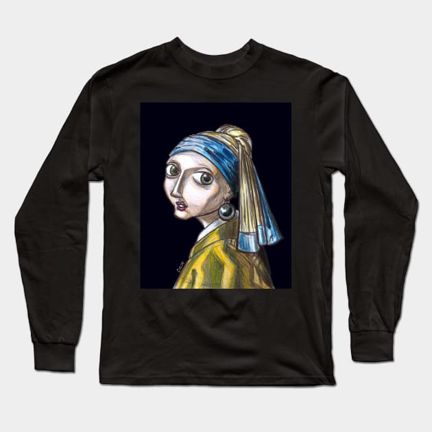 Caricature Girl with a Pearl Earring Long Sleeve T-Shirt by CIZDIBUJOS